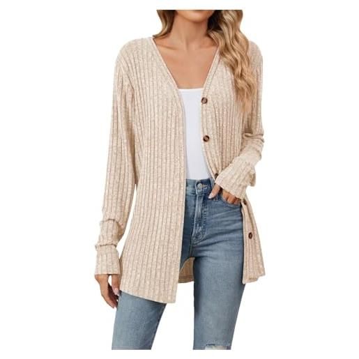 Generico cardigan donna lungo in coste, maglione aperto davanti con bottoni e tasche, casual comoda per autunno inverno