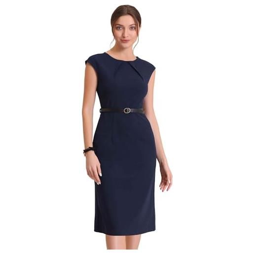 Allegra K elegante abito da ufficio per donna girocollo manica ad aletta con cintura abiti a tubino da lavoro, blu scuro, xs