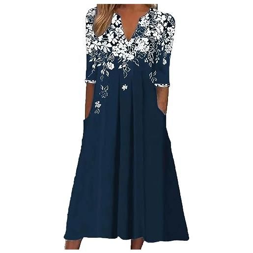 AMDOLE abiti estivi da donna 2023 autunno europeo e americano nuove donne con scollo a v tasca stampa abito manica a tre quarti plus size dress per le donne, blu, s