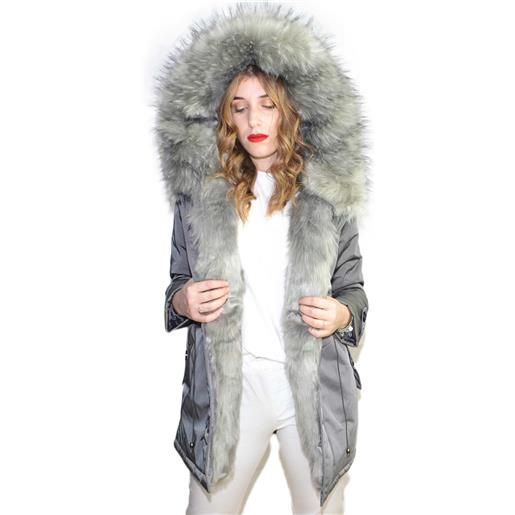 K-ZELL parka donna invernale con pelliccia ecologic giacca giubbotto piumino lungo grigio pelo extra volume imbottito caldo mod