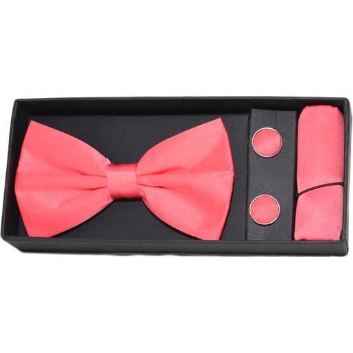 made in italy set composto da papillon, bottoni gemelli e pochette da taschino. Colore rosa, tessuto in fantasia. 