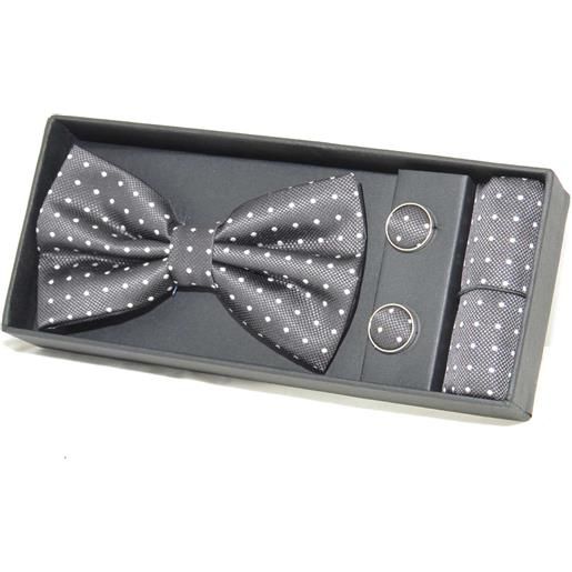 Malu Shoes set coordinato uomo papillon con gemelli e pochette nero con fantasia a pois elegante cerimonia