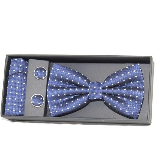 Malu Shoes set coordinato uomo papillon con gemelli e pochette blu con fantasia a pois elegante cerimonia