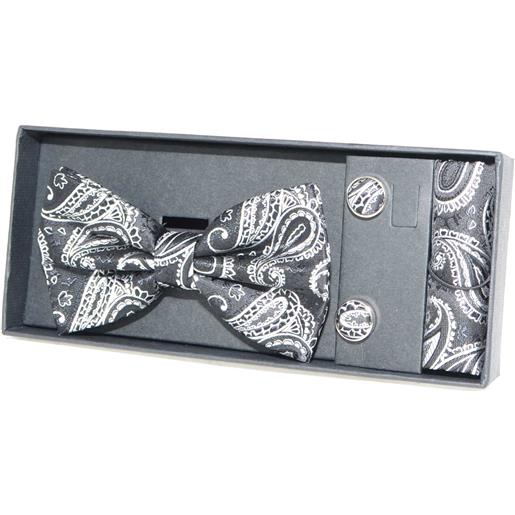 Malu Shoes set coordinato uomo papillon con gemelli e pochette nero fantasia elegante cerimonia