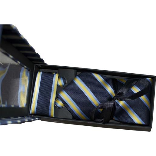 Malu Shoes set coordinato uomo cravatte con gemelli e pochette blu righe giallo elegante cerimonia