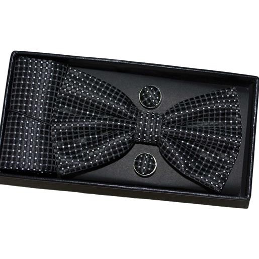 Malu Shoes set coordinato uomo papillon con gemelli e pochette nero pois elegante cerimonia