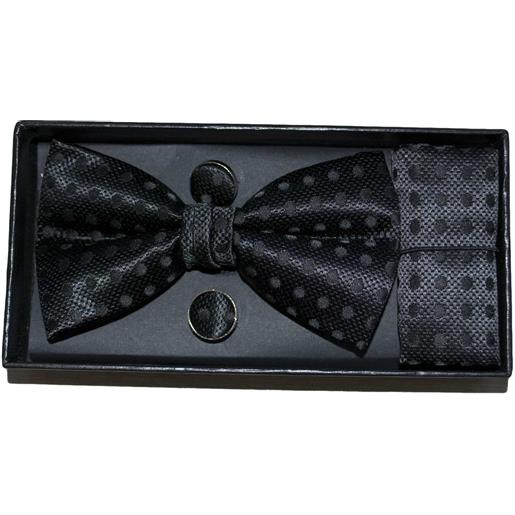 Malu Shoes set coordinato uomo papillon con gemelli e pochette nero fantasie pois elegante cerimonia