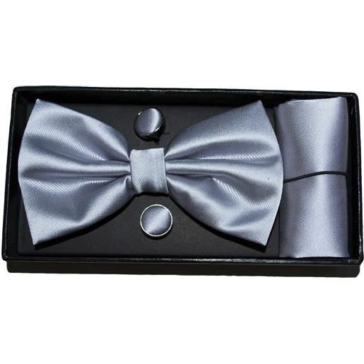 Malu Shoes set coordinato uomo papillon con gemelli e pochette argento basic elegante cerimonia