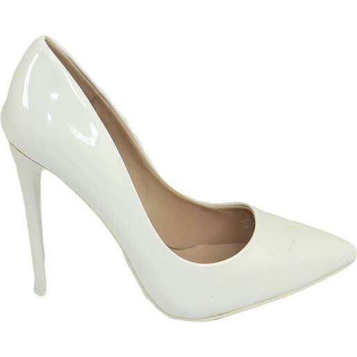 Malu Shoes decollete' donna a punta bianco tacco a spillo 12 cm vernice comode lucido scarpe per cerimonie eventi sposa matrimonio