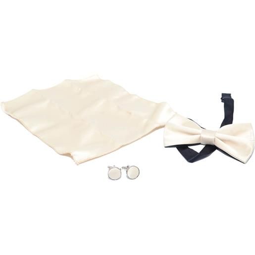 Malu Shoes set coordinato uomo papillon cravattino in raso con gemelli e pochette panna avorio tinta unita elegante cerimonia