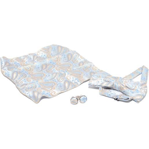 Malu Shoes set coordinato uomo papillon damascato con gemelli e pochette azzurro oro grigio fantasia luxury elegante cerimonia