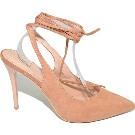 Malu Shoes decollete' donna scarpa beige a punta in camoscio tallone aperto allacciatura schiava caviglia lacci sandalo tacco 10 cm