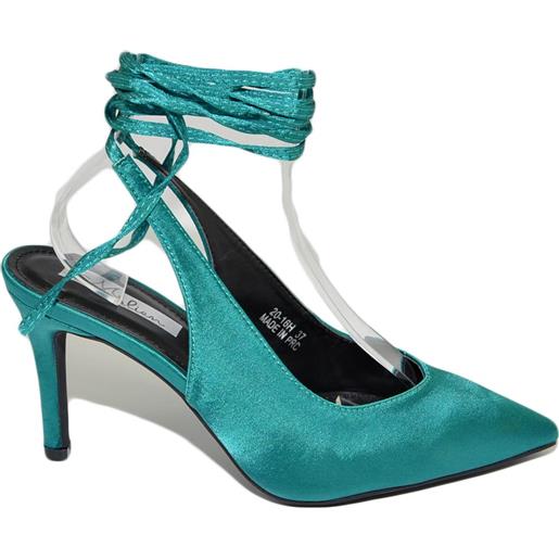 Malu Shoes decollete' sandalo donna verde bottiglia punta raso tallone aperto allacciatura schiava caviglia lacci scarpa tacco 10