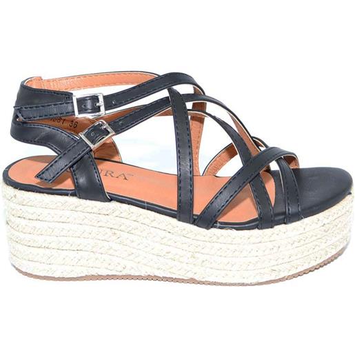 Malu Shoes zeppa sandalo moda donna in ecopelle nera con fascette incrociate e chiusura alla caviglia comodo con suola in spago