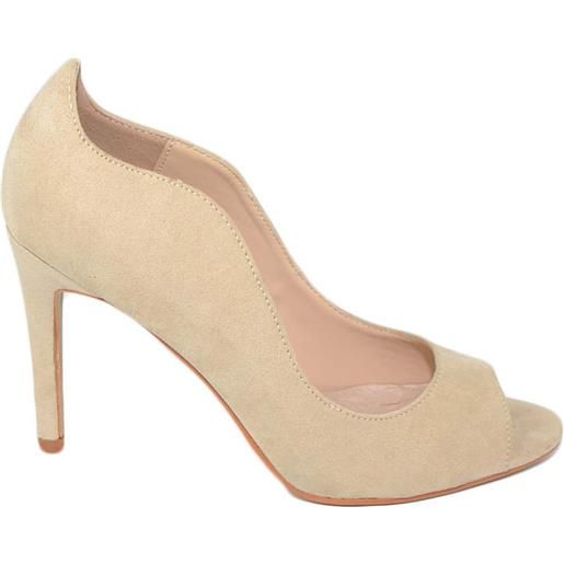 Malu Shoes sandalo tacco donna spuntato in camoscio beige con tacco a spillo 12 scollo sul collopiede ondeggiato