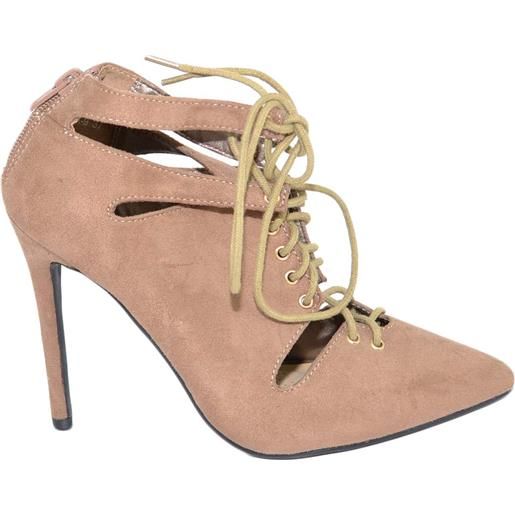 Malu Shoes decollete a punta taupe con tacco a spillo stringata fasciata con cinturino alla caviglia piede fermo moda glam
