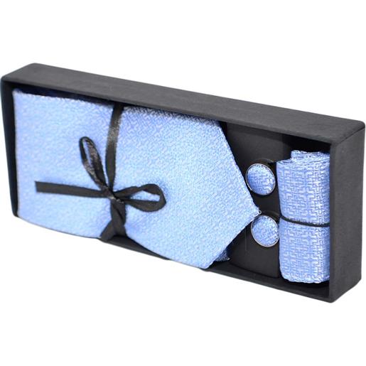 Malu Shoes set cravatta pochette e gemelli in cotone celeste con dettagli tono su tono confezione regalo per professionisti