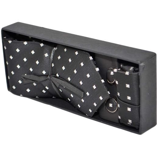 Malu Shoes set cravatta pochette e gemelli in cotone nero a pois bianchi confezione regalo per professionisti e collezionisti