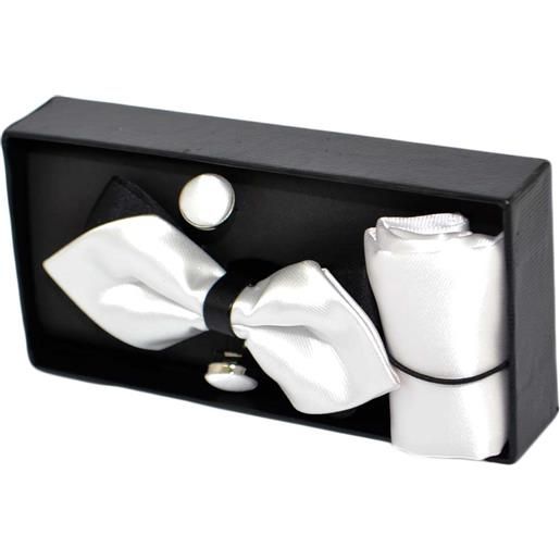 Malu Shoes set papillon uomo in raso bianco con bottoni gemelli e pochette da taschino