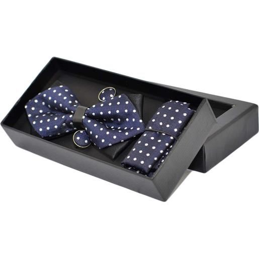 Malu Shoes set papillon uomo in cotone blu a pois con bottoni gemelli e pochette da taschino