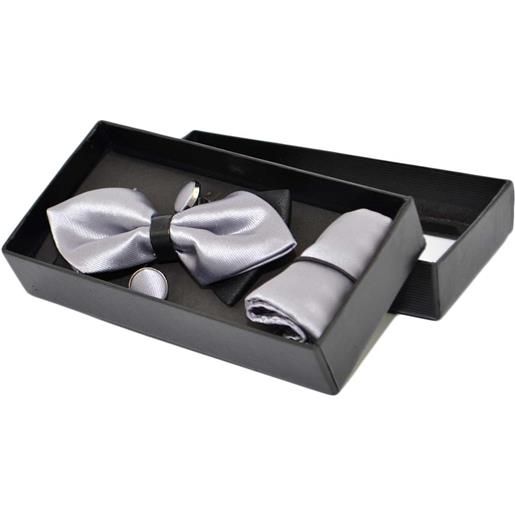 Malu Shoes set papillon uomo in raso grigio con bottoni gemelli e pochette da taschino