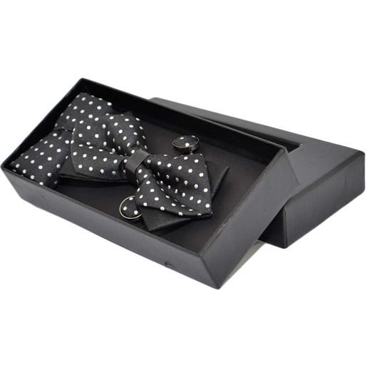 Malu Shoes set papillon uomo in cotone nero a pois con bottoni gemelli e pochette da taschino