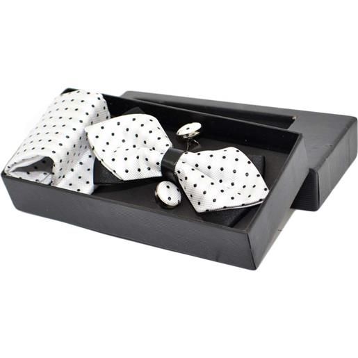 Malu Shoes set papillon uomo in cotone bianco a pois con bottoni gemelli e pochette da taschino