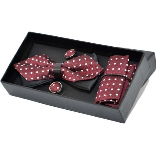 Malu Shoes set papillon uomo in cotone bordeaux a pois con bottoni gemelli e pochette da taschino