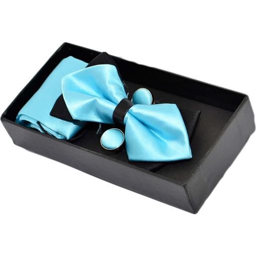 Malu Shoes set papillon uomo in raso celeste tinta unita con bottoni gemelli e pochette da taschino