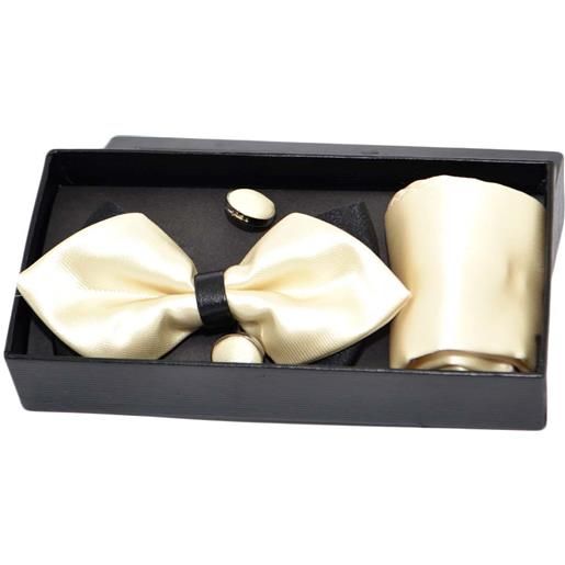 Malu Shoes set papillon uomo in raso beige tinta unita con bottoni gemelli e pochette da taschino