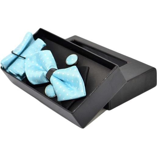 Malu Shoes set papillon uomo in cotone celeste a pois con bottoni gemelli e pochette da taschino