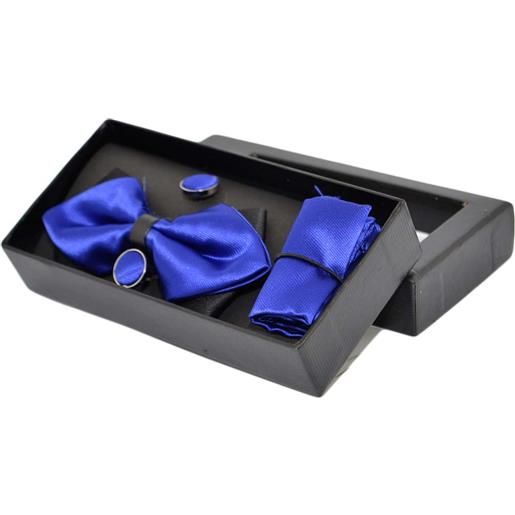 Malu Shoes set papillon uomo in raso blu tinta unita con bottoni gemelli e pochette da taschino