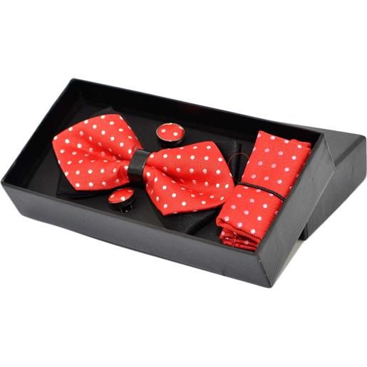 Malu Shoes set papillon uomo in cotone rosso a pois con bottoni gemelli e pochette da taschino