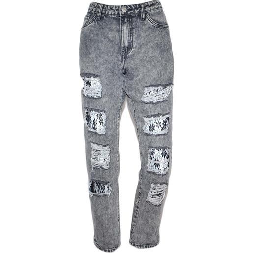Malu Shoes jeans donna momfit a vita alta high waist lavaggio scuro misto black denim strappi rigido over fit