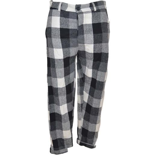 Malu Shoes pantaloni donna a sigaretta in lanetta rasata fantasia scacchi vita alta 4 tasche moda boyfriend