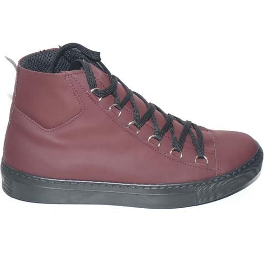 made in italy sneakers alta in vera pelle gommata bordeaux stringata con ganci linguetta in adilprene fondo basic nero moda street