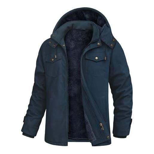 Lonya giacca invernale uomo militare casual cotone calda giacca in pile da uomo cargo multitasche giubbotto classico antivento jacket invernali con cappuccio, blu navy, xl