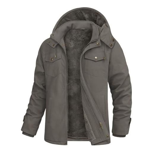 Lonya giacca invernale uomo militare casual cotone calda giacca in pile da uomo cargo multitasche giubbotto classico antivento jacket invernali con cappuccio, kaki, m