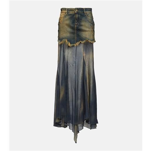 Blumarine gonna lunga in denim e chiffon di seta