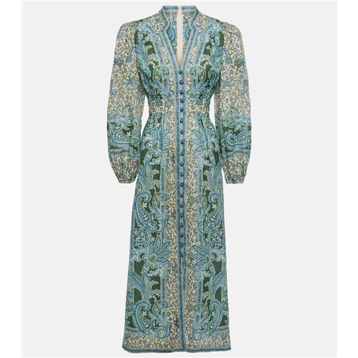 Zimmermann abito midi ottie plunge in lino con stampa
