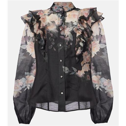 Zimmermann blusa crush frill sleeve in lino e seta