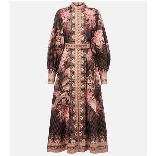 Zimmermann abito midi illuminate in lino con stampa
