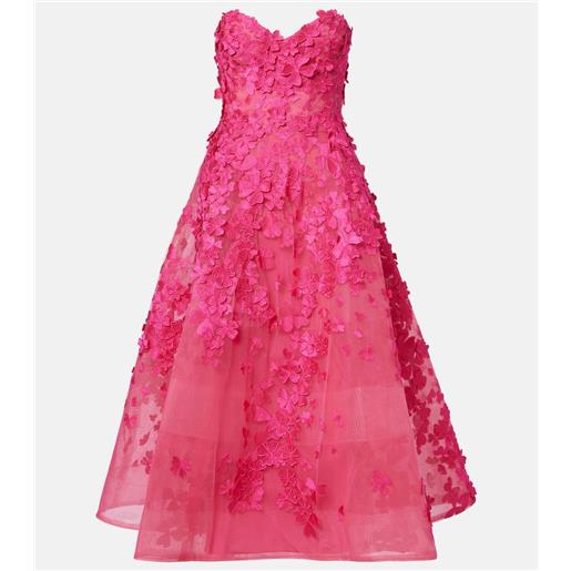 Monique Lhuillier abito midi in tulle con applicazioni floreali
