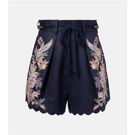 Zimmermann shorts rhiannon in lino con ricamo