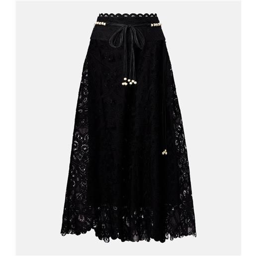 Zimmermann gonna midi rhiannon in cotone con ricamo