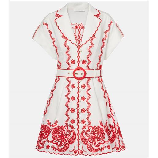 Zimmermann abito corto lucky in lino con ricamo