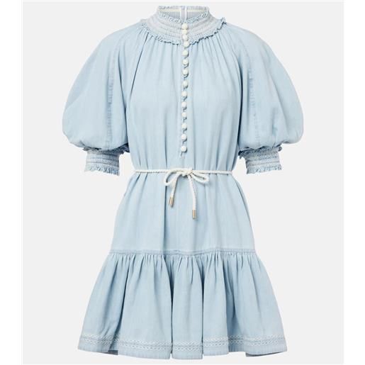 Zimmermann abito corto di jeans ascension con volant