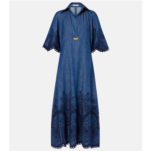 Zimmermann abito lungo coco in denim con ricamo