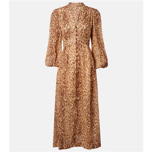 Zimmermann abito midi cascadian in lino con stampa leopardata