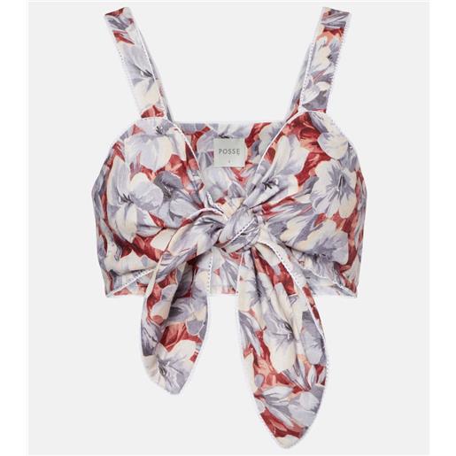 Posse top cropped luna in lino con stampa floreale